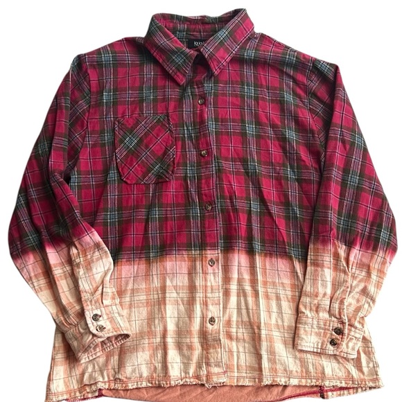 La La Land Creative Co. Reworked Flannel Shirt Sz S Bleached Plaid Biker Graphic - Picture 1 of 5